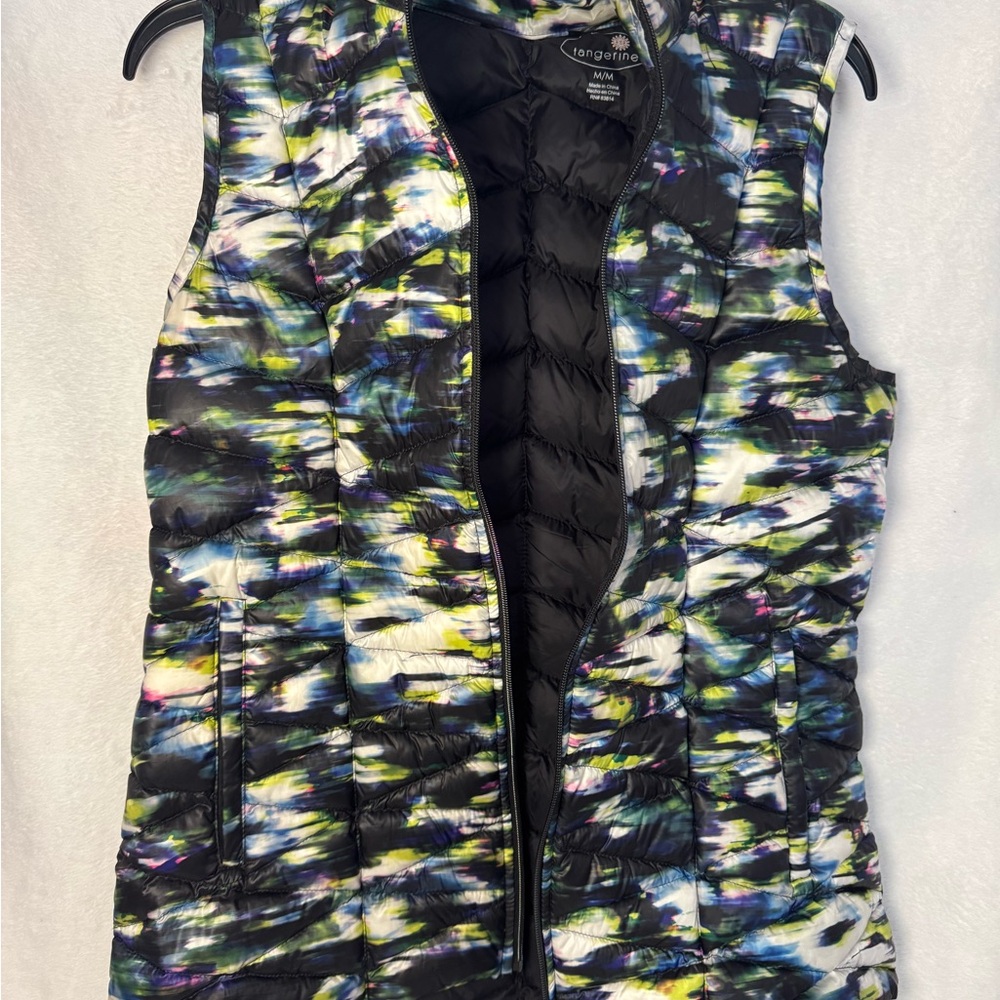 Tangerine Women’s Vest Jacket Puffer Down Zip black Tie Dye Watercolor Sz Medium
